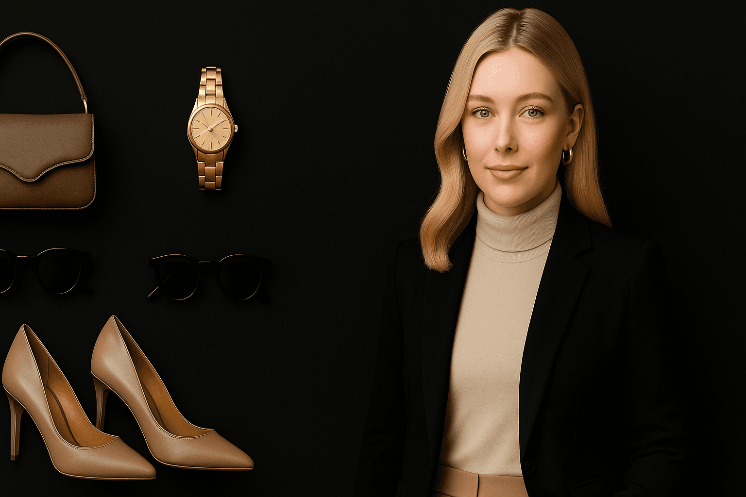 Stylish woman with luxury accessories, including watches, sunglasses, and handbags